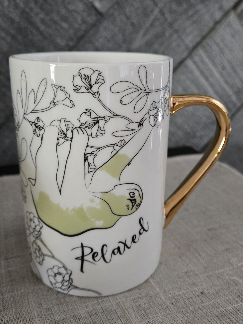 World Market Relaxed Sloth Ceramic Mug with Gold Handle Microwave Safe
